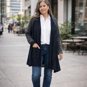 Eileen Fisher Cardigan Sweater Merino Wool Knit Charcoal Gray w/Pockets Large